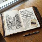 Open journal with city sketch, Turkish editorial design text, camera photo, and fountain pen