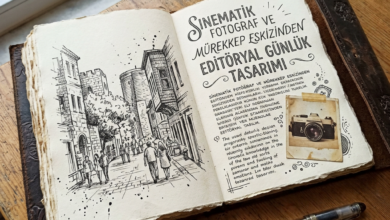 Open journal with city sketch, Turkish editorial design text, camera photo, and fountain pen