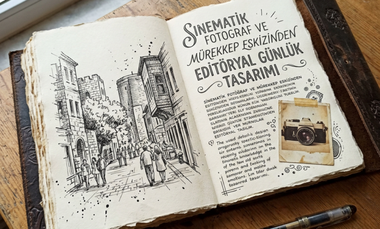 Open journal with city sketch, Turkish editorial design text, camera photo, and fountain pen